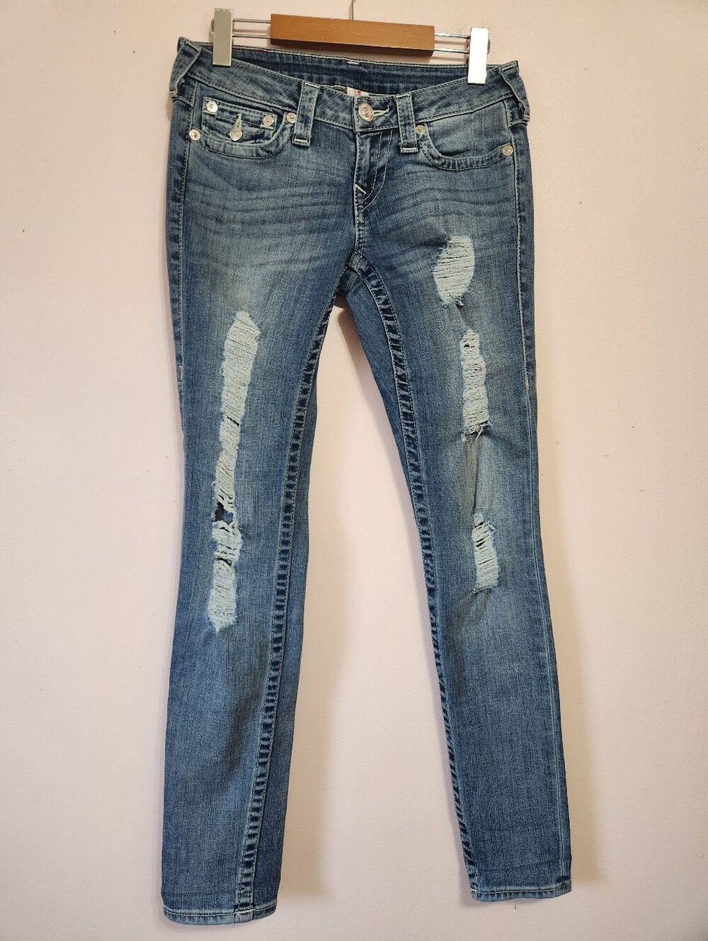 True Religion Low Rise Skinny Distressed Flap Pocket Jeans Natural SN Y2K 27